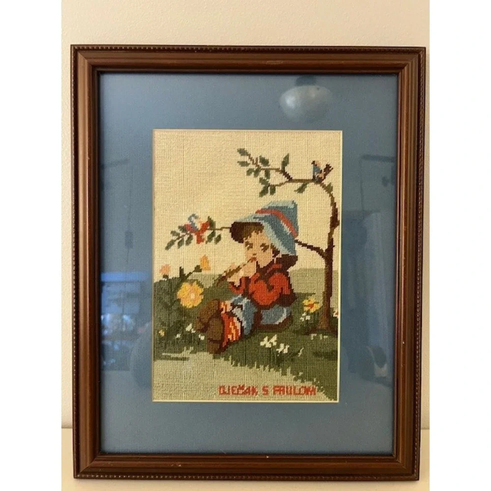 Vintage Hummel Style Needlepoint Framed Art Djecak S Frulom Boy with Flute 12x15